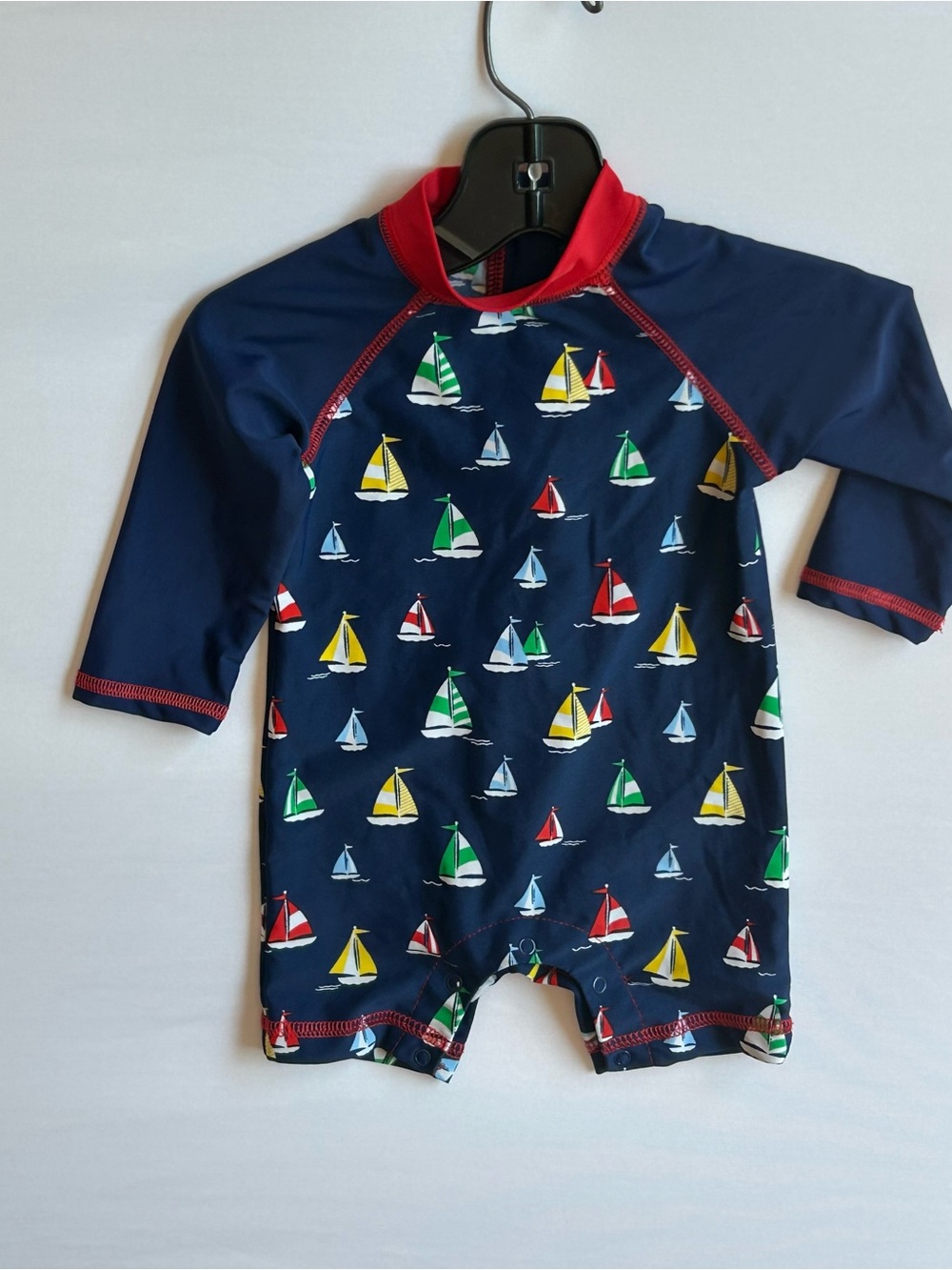 Little Me Navy Sailboat Rashguard Swimsuit with Red Trim